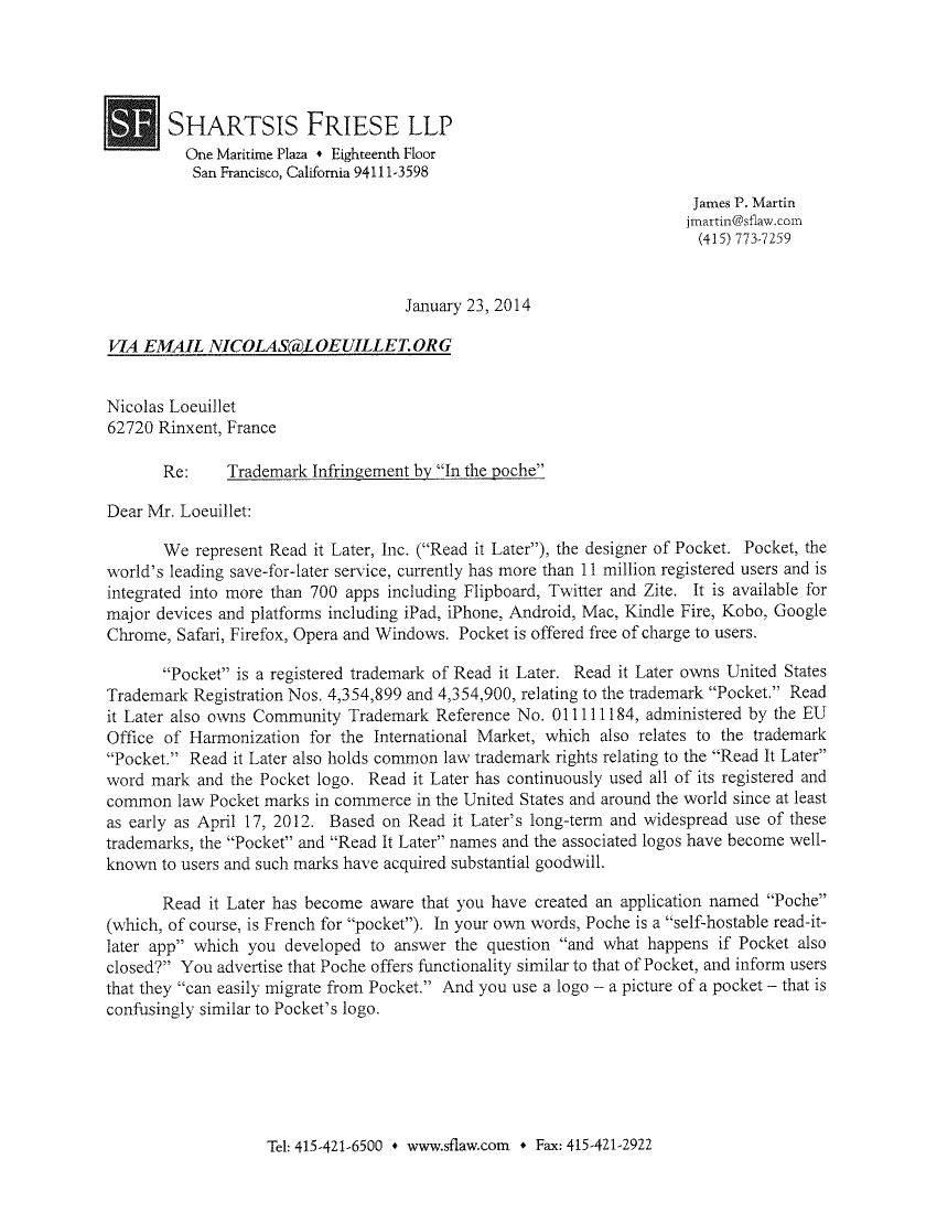 Page 1 du courrier reçu concernant poche