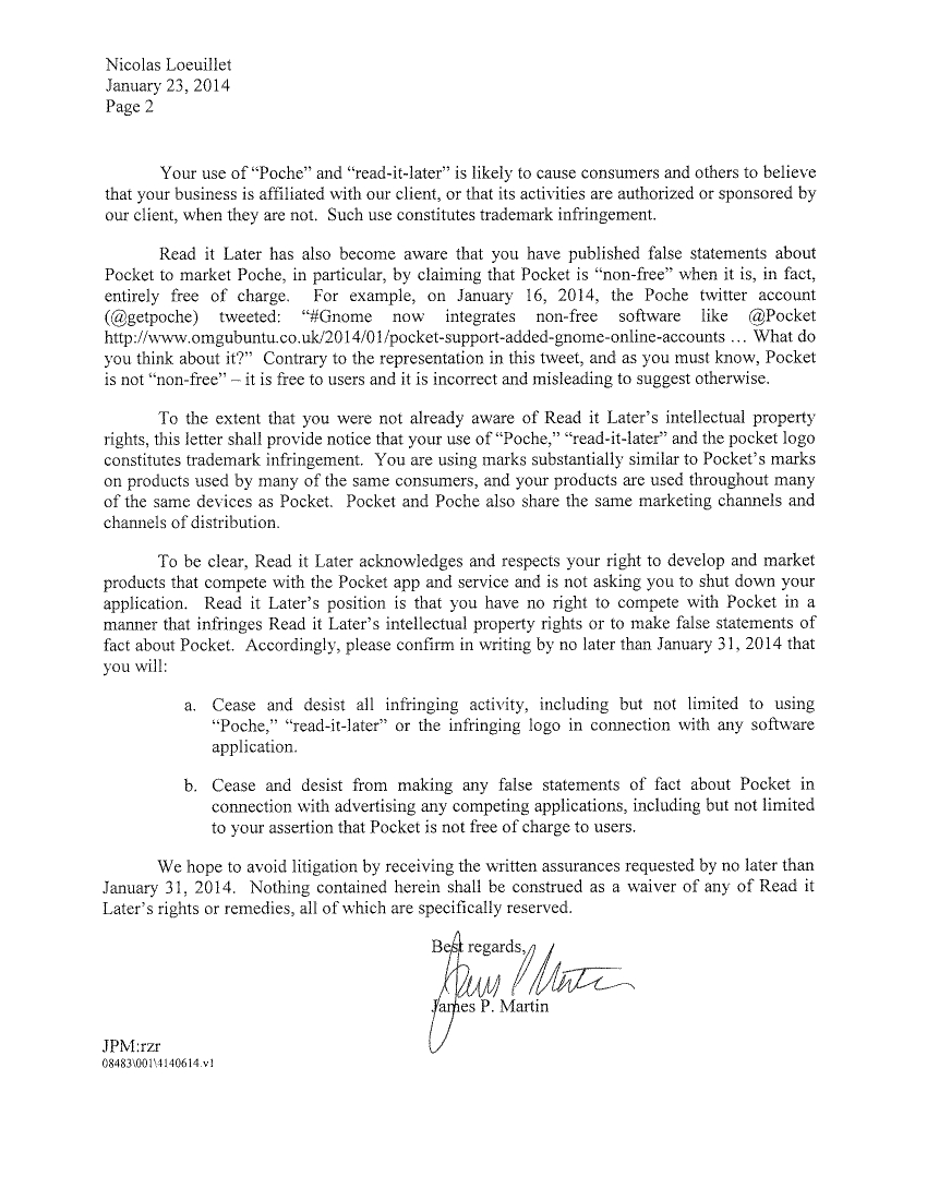 Page 2 du courrier reçu concernant poche