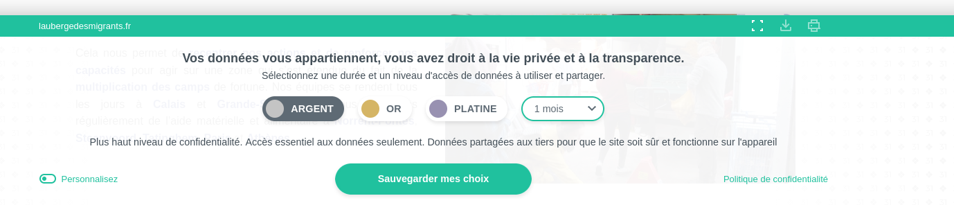 Panneau RGPD du site de l'Auberge des migrants