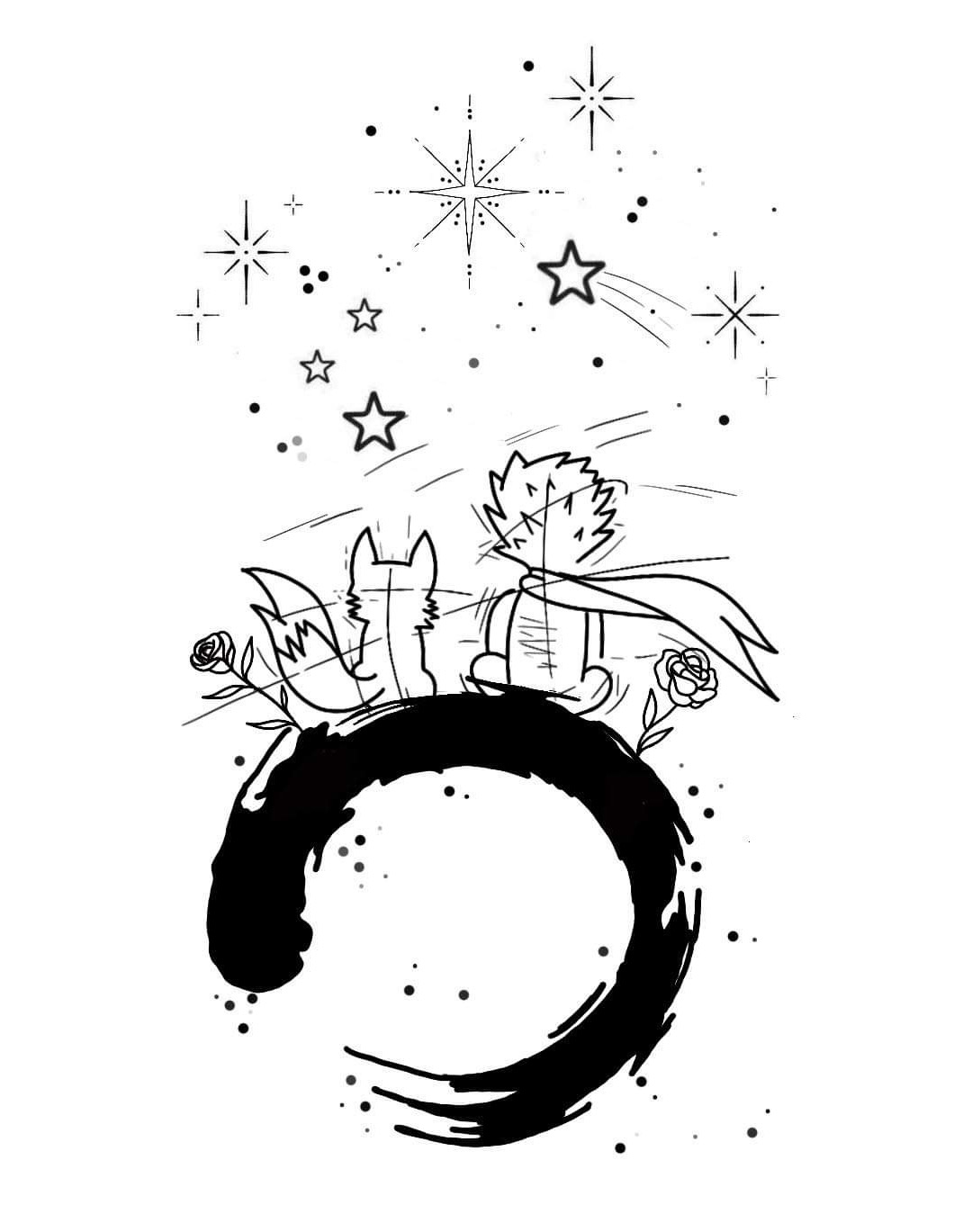 Le renard et le petit prince de Saint exupéry, de dos. De chaque côté, une rose. Ils sont assis sur un cercle noir qui symbolise une planète