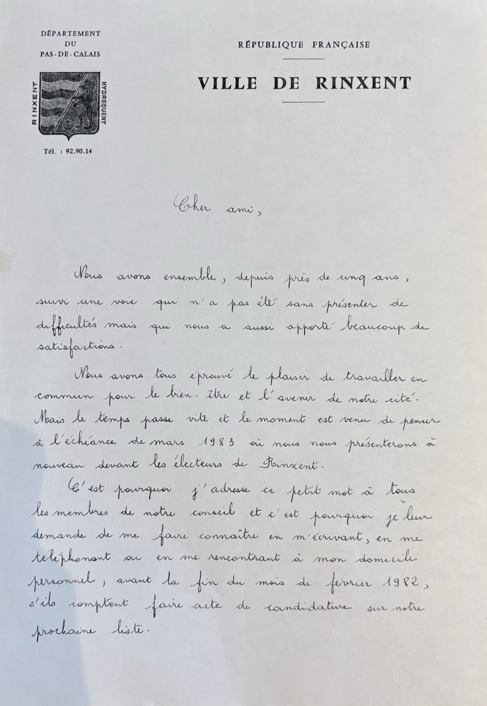 Courrier à en-tête de la ville de Rinxent du maire de 1982 à ses colistiers