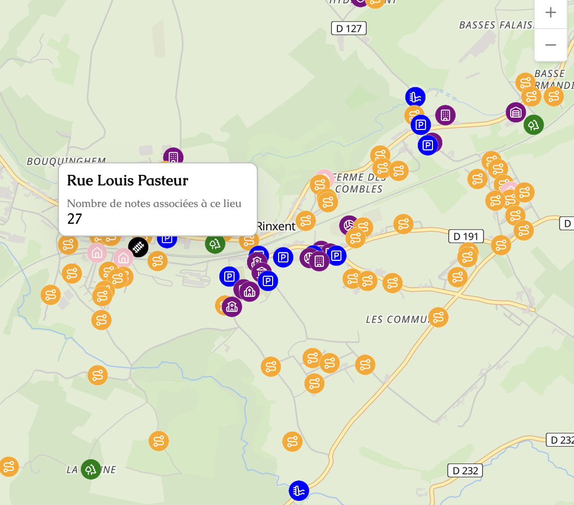 Capture d'écran d'une note dans Obsidian qui affiche une carte de Rinxent avec plusieurs marqueurs qui représentent différents lieux de la commune